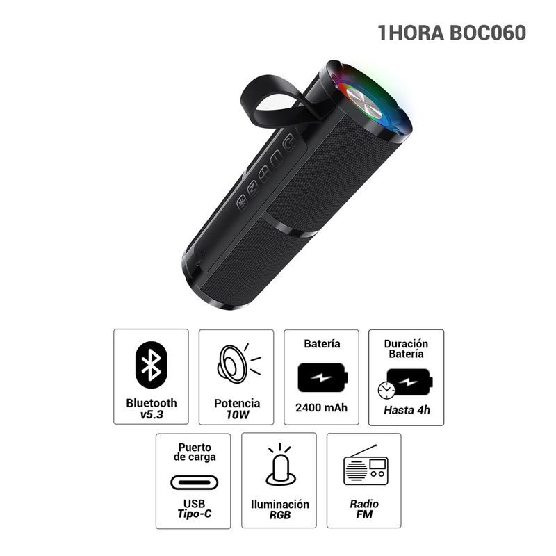 BOCINA BLUETOOTH, 1HORA, NEGRO, PORTATIL, 10W
