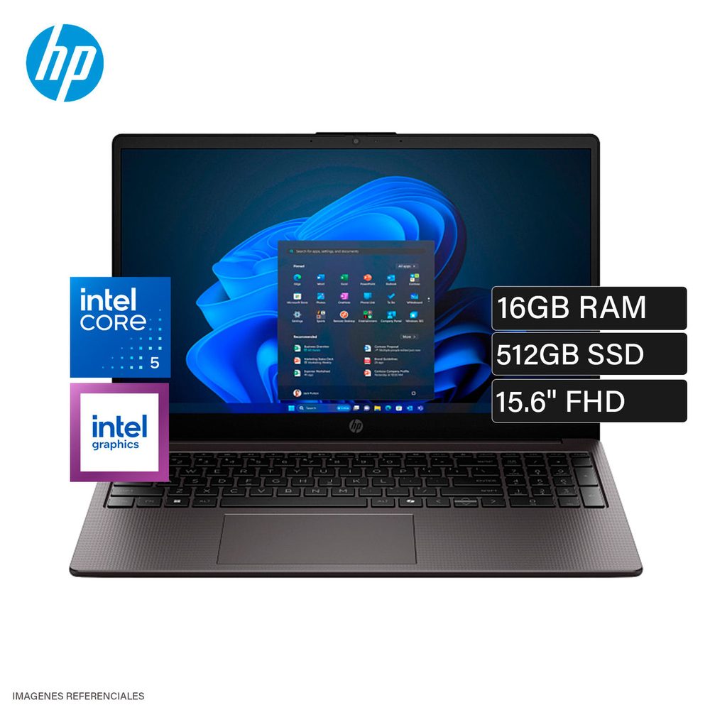 Notebook Comercial HP 250R G10 / Intel Core 5 120U 2.4 - 5.0 GHZ / Graficos Intel / 8GB DDR4-3200 / 512GB SSD / 15.6 HD / WIFI 6 + Bt 5.4 / Cam HD / Batt 3 Cel / Tec Num / WIN 11 Home / Negro / 1-1-0