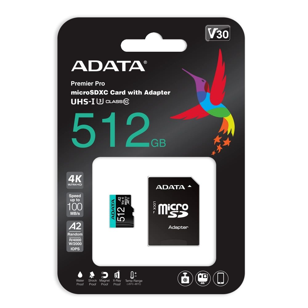 Memoria ADATA Micro Sdxc/sdhc 512GB Uhs-i 100MB/85MB Clase 10 V30 A2 C/adaptador AUSDX512GUI3V30SA2-RA1