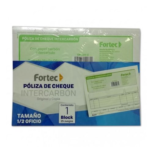 Póliza de cheque con carbón Fortec 1/2 o