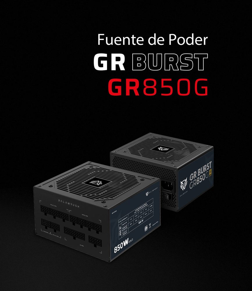 Fuente de Poder Gamer Balam Rush Gr Burst GR850G / Certificada / 850W / 80 Plus Gold / ATX / Full Modular / Bajo Nivel de Ruido / 5 Años de Garantia / Negro / BR-937658