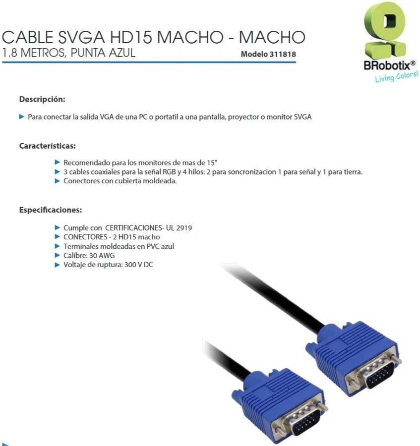 Cable VGA BRobotix 311818 HD15 1.8m Colo