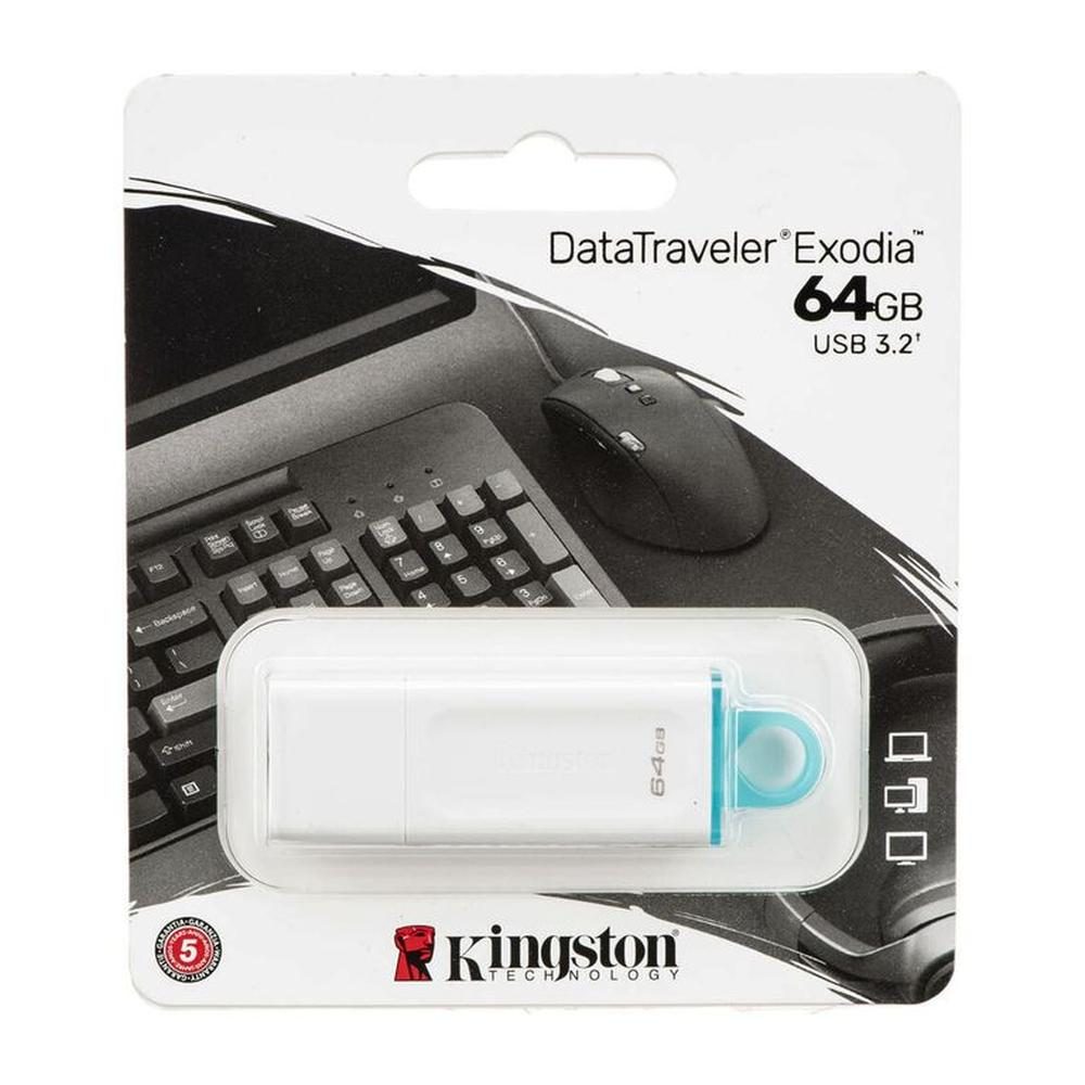 Memoria Flash USB Kingston Data Traveler Exodia 64GB Gen 1 3.2 Tipo a Blanco C/anillo Azul KC-U2G64-5R