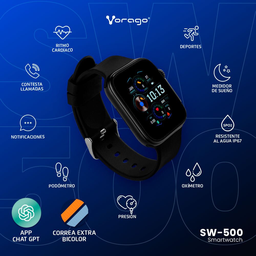 Smartwatch / Vorago / SW-500 / Reloj Inteligente / Impermeable IP67 / Bt 5.1 / Amoled / Manos Libres / Presion/ Ritmo Cardiaco / Oximetro / Pantalla Tactil + Extensible Bicolor / Chat Gpt