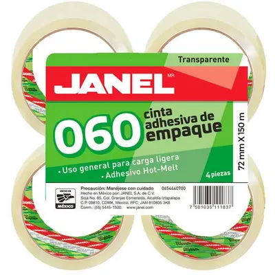 Cinta de empaque línea 060 hot melt canela Janel 72 mm x 150 m paquete con 4 piezas