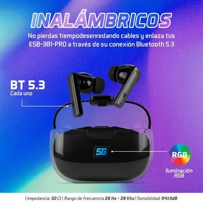 Audífonos Inalambricos / Vorago Start The Game / ESB-301-PRO / Tws / Bluetooth / Manos Libres / IPX6 / Hasta 35 Hrs