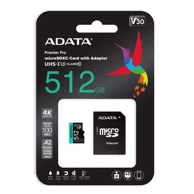 Memoria ADATA Micro Sdxc/sdhc 512GB Uhs-i 100MB/85MB Clase 10 V30 A2 C/adaptador AUSDX512GUI3V30SA2-RA1