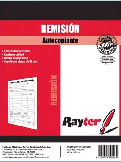 Remisión Rayter, tamaño 1/4 de carta