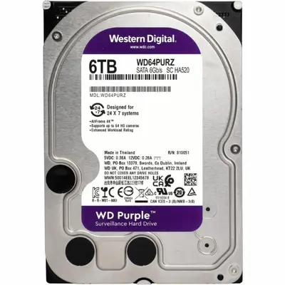 Disco Duro Interno WD Purple 6TB 3.5 Escritorio SATA3 6GB/S 128MB 24X7 DVR NVR 1-16 Bahias 1-64 Camaras WD64PURZ