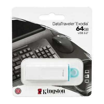Memoria Flash USB Kingston Data Traveler Exodia 64GB Gen 1 3.2 Tipo a Blanco C/anillo Azul KC-U2G64-5R