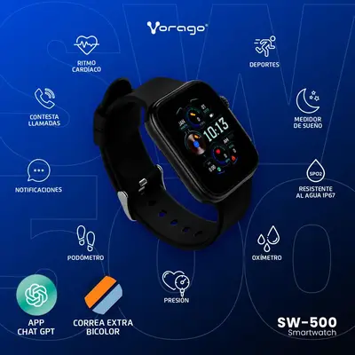 Smartwatch / Vorago / SW-500 / Reloj Inteligente / Impermeable IP67 / Bt 5.1 / Amoled / Manos Libres / Presion/ Ritmo Cardiaco / Oximetro / Pantalla Tactil + Extensible Bicolor / Chat Gpt